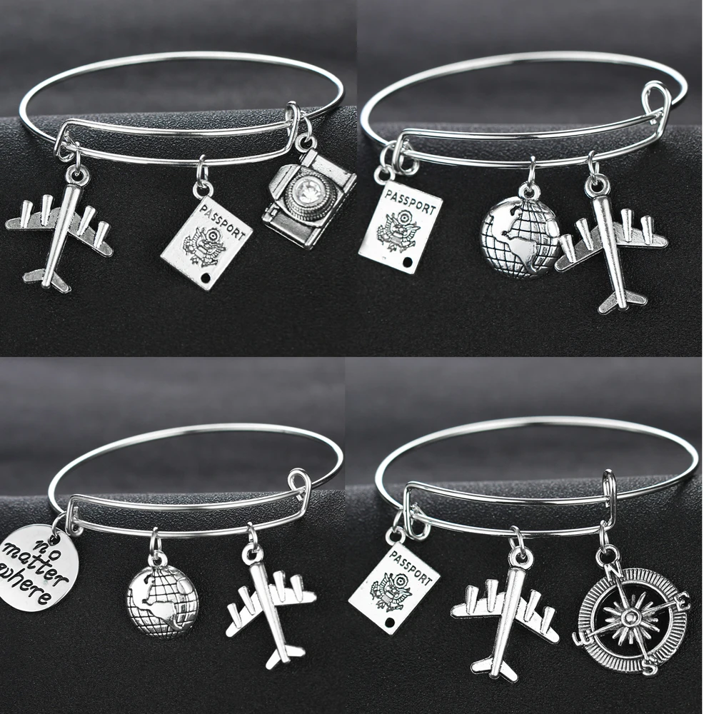 

Airplane Globe Camera Passport Travel Jewelry Silver Bracelet Charm Bangle Compass Bracelets Gifts Women Men