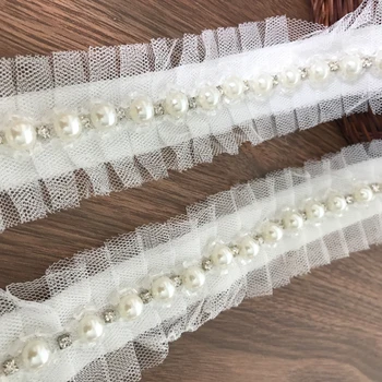 

3 Yards Vintage White Beaded Crystal Pearls Mesh Lace Trim DIY Handmade Embellishment 3.6CM Wide