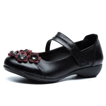 

277 New Women's Shoes National Wind Leather Shoes Soft Sole Spring and Autumn Flowers Low Heels Middle-aged Mother Shoes