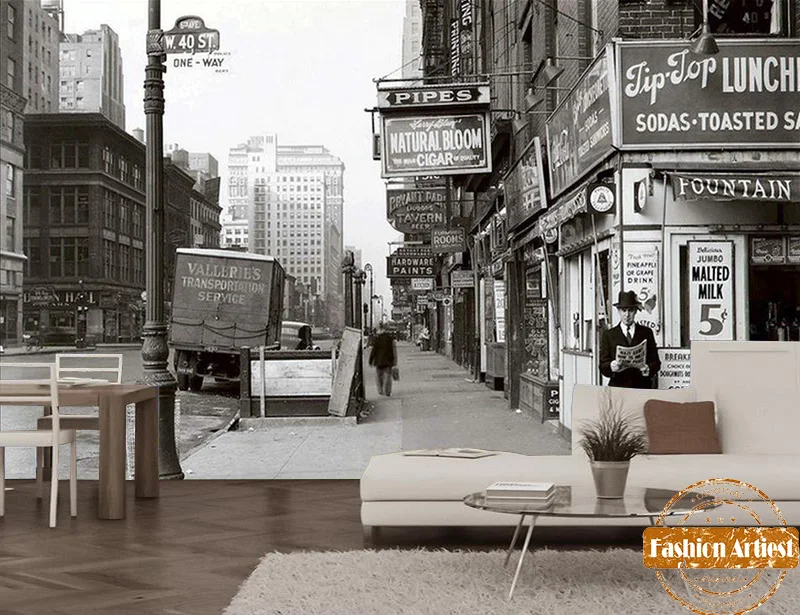 Custom modern black & white wallpaper mural European city street shop
