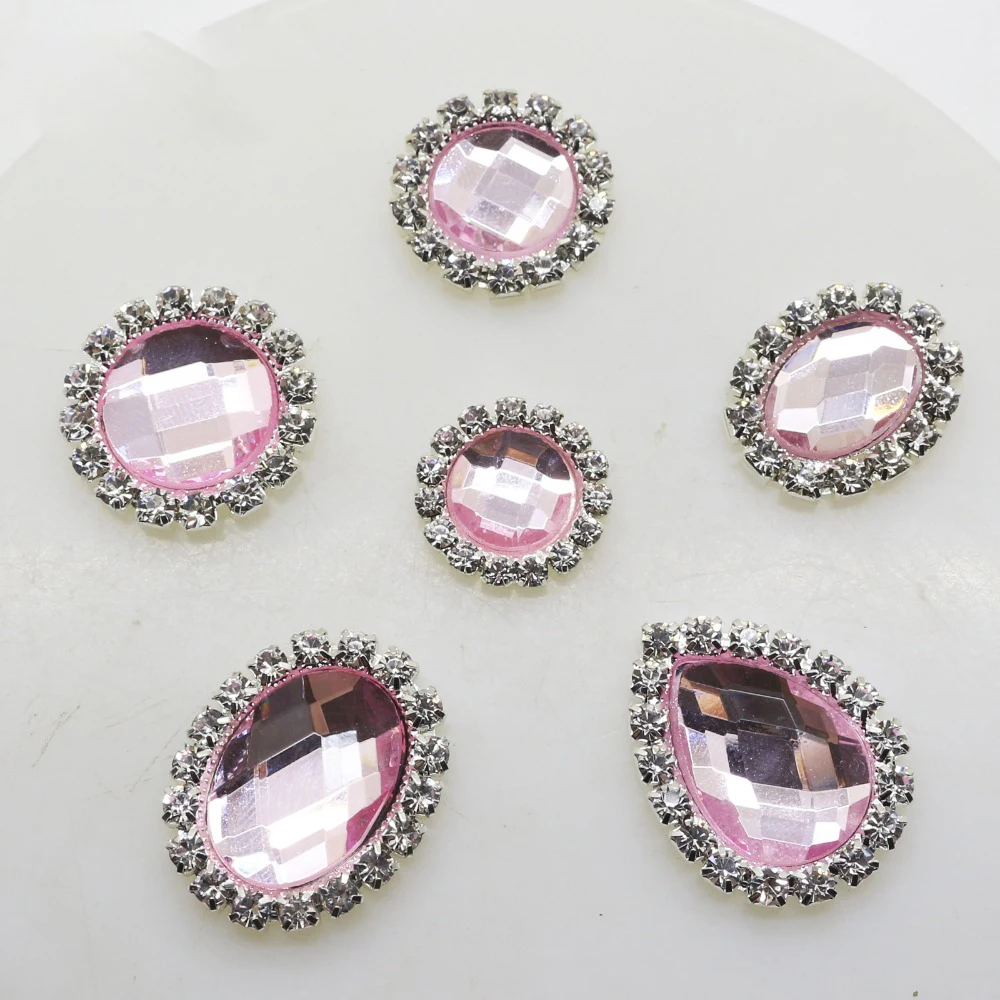 

SIX SIZE 10pcs/lot Pink Glass Metal Rhinestone Buttons for Crafts Snap Button for Scrapbooking Clothing Women Belt Decoration