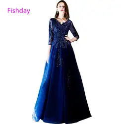 Fishday Темно-синие рукавами кружева вечернее платье Для женщин Элегантный официальная Вечеринка Abendkleider мать халат атласный de Soiree продажи D20