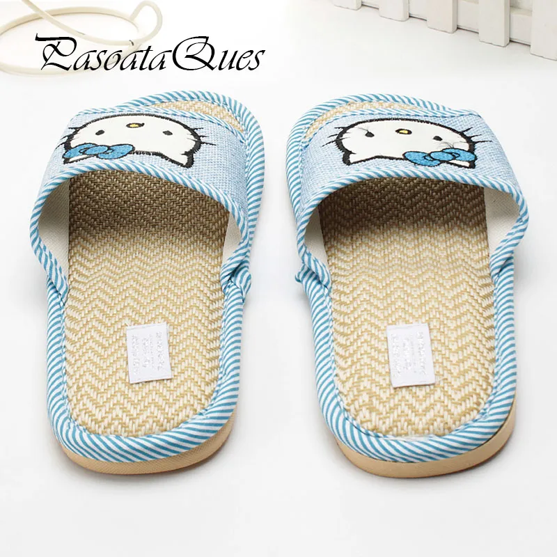 Новинка тапочки Hello Kitty сезон весна лето удобная дышащая льняная домашняя женская