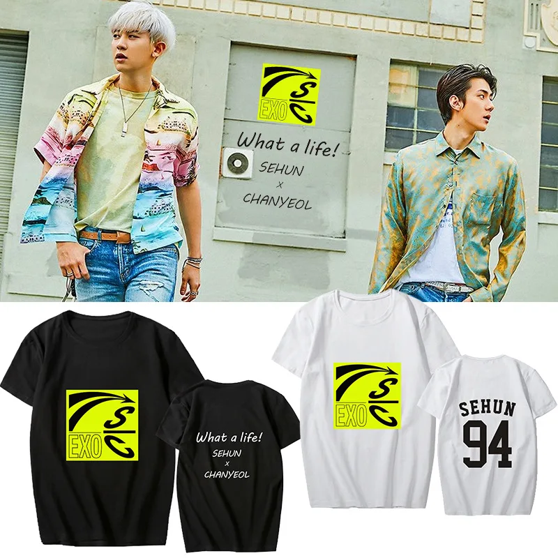 

2019 Kpop EXO SC SEHUN CHANYEOL Female T Shirt Album What a life EXO BLACKPINK Women Fashion Cotton Short Sleeve Top S-3XL