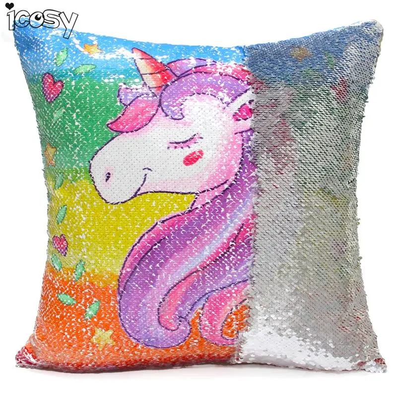 Einhorn Pailetten Kissenhülle 40x40 cm Kissenbezug Deko Kissen Bezüge Unicorn