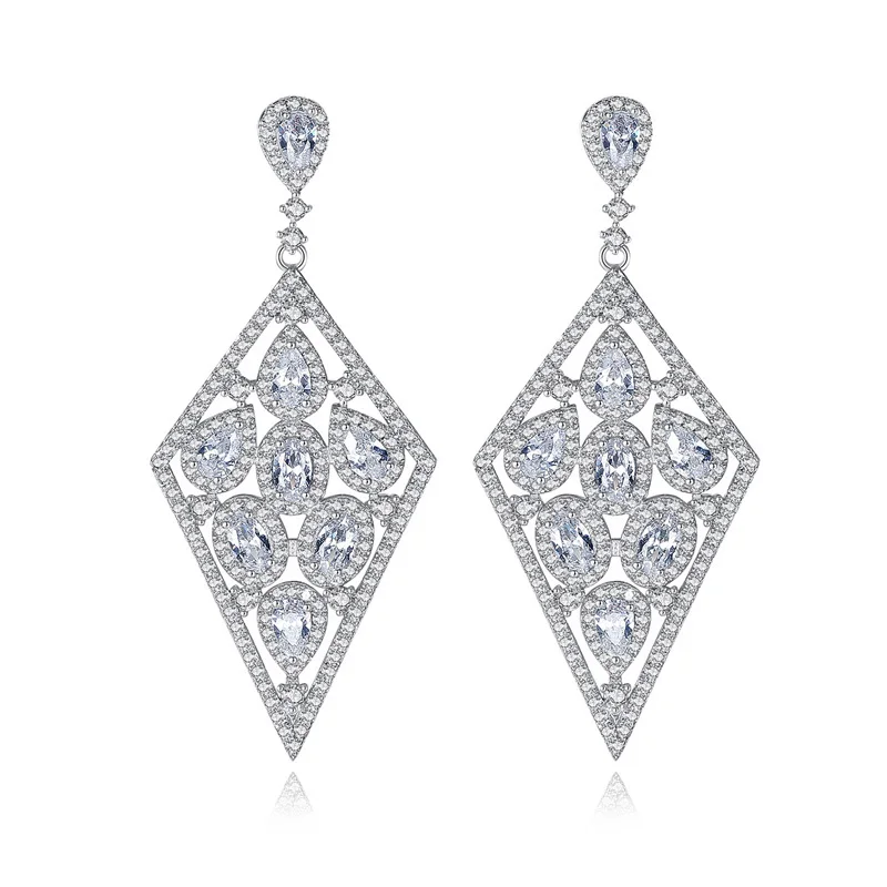 

Luxurious Silver Color Cubic Zirconia Rhombus Long Drop Earrings Jewelry For Women Anniversary Engagement Wedding Party Gift
