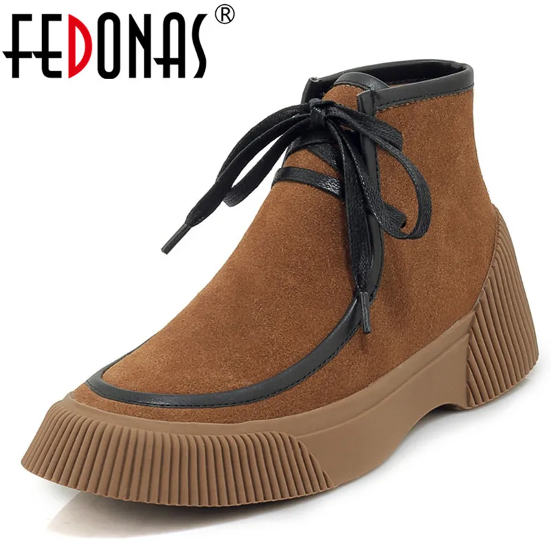 

FEDONAS Brand Women Ankle Boots Quality Cow Suede Lace Up Short Ladies Shoes Woman Platforms Casual Shoes Ladies Motorcycle Boot