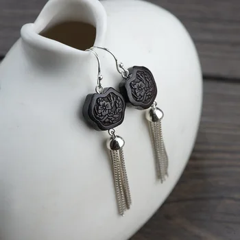 

ancient ways process tassel earrings wholesale silver inlaid ebony double-sided plum flower earrings accessories