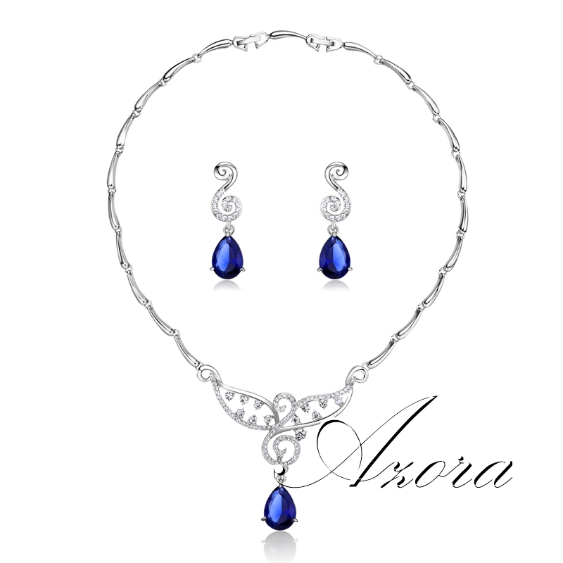 AZORA, серебряный цвет, грушевидная огранка, Голубой цирконий, ювелирные наборы для женщин, кристалл, проложили ожерелья, серьги, набор, стразы, ювелирные изделия TG0252