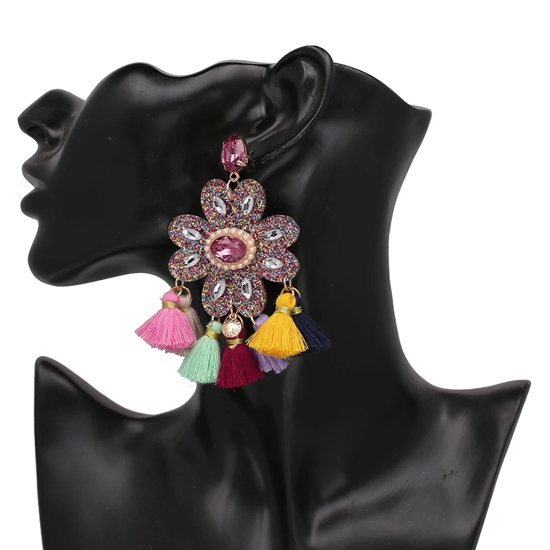 AOTEMAN богемные массивные серьги с цветами и бахромой для женщин, роскошные длинные висячие серьги с кристаллами, ювелирные изделия с кисточками oorbellen