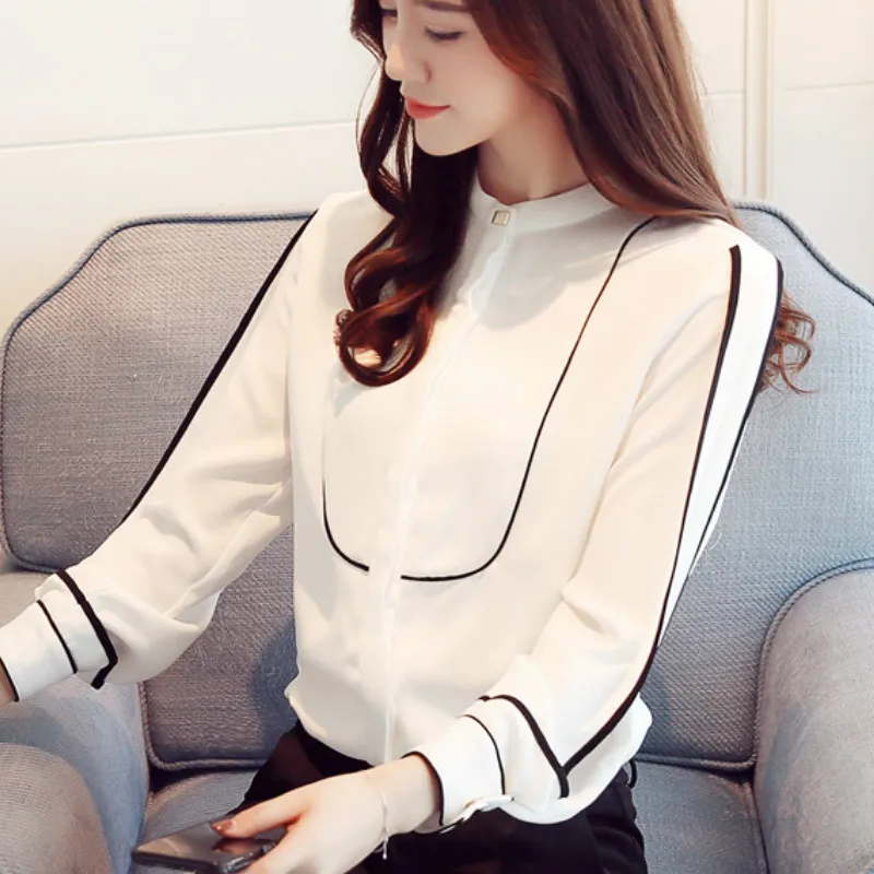 2017 Autumn Long Sleeve Stand Collar White Chiffon Blouses
