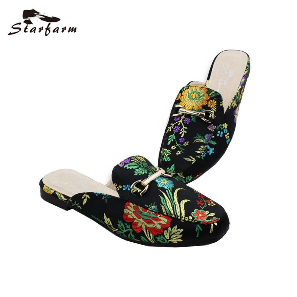 STARFARM Women Mules Ethnic Satin Embroidery Slippers Casual Flats Women Shoes Woman Slip On Loafers Chic