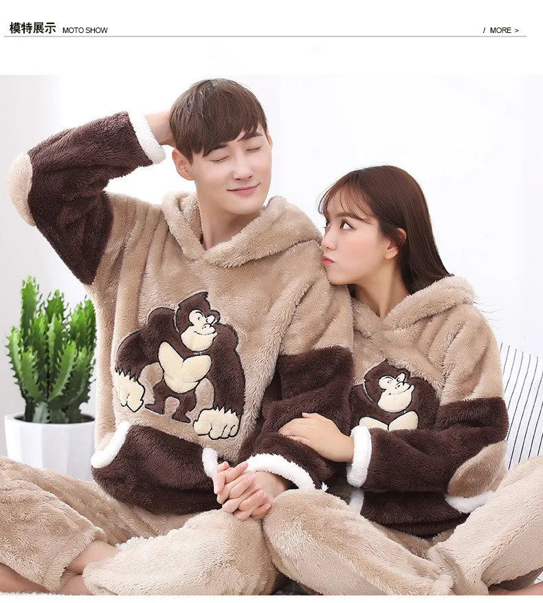 Зимняя мужская пижама унисекс с 3D капюшоном, комплект, мягкая теплая Домашняя одежда контрастного цвета для влюбленных, Корейская женская плотная одежда для сна, костюмы