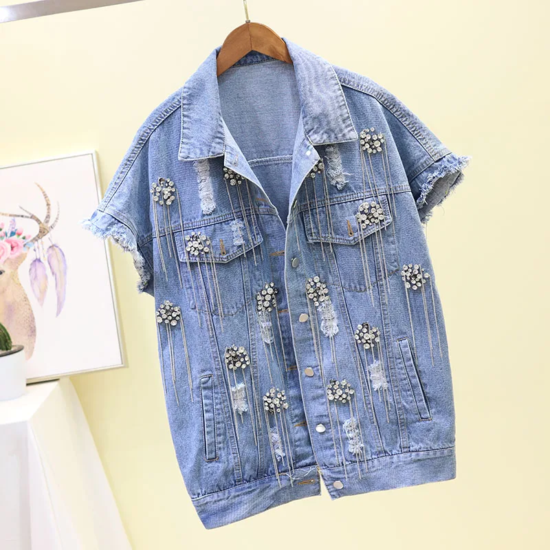 

Female Spring Autumn 2019 New Fashion Heavy Drilled Ribbon Hole-Piercing Jean Jacket Sleeveless Short Coat Women Vest Vests