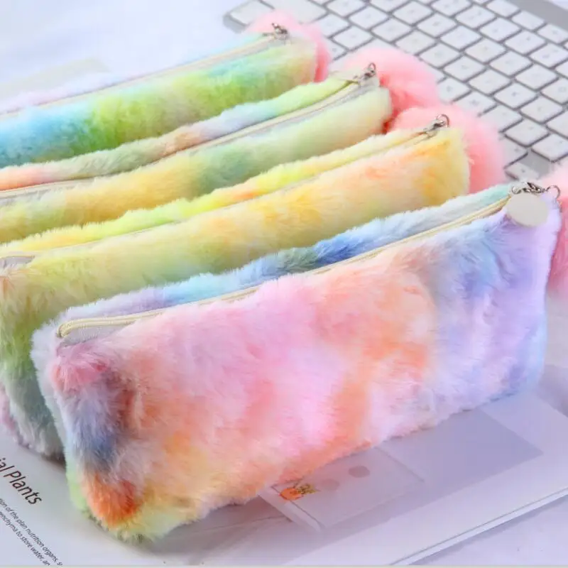 

Multi-Color Rainbow Plush Pencil Case Fur Ball PencilCase for Girl Plush Pencil Box Kawaii Hairball Makeup Bag School Stationery