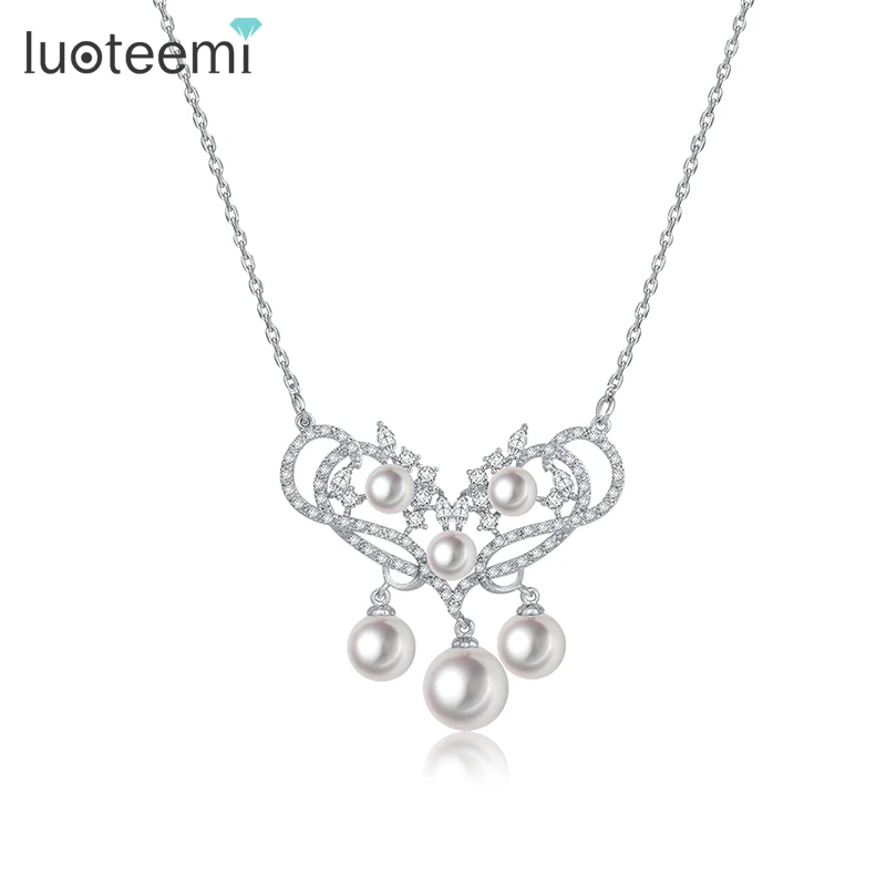 LUOTEEMI Wholesale Women Fashion Quality Korea Design Valentine White Pearl Jewelry Vintage Bridal Wedding Heart Pedant