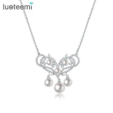 LUOTEEMI Wholesale Women Fashion Quality Korea Design Valentine White Pearl Jewelry Vintage Bridal Wedding Heart Pedant Necklace