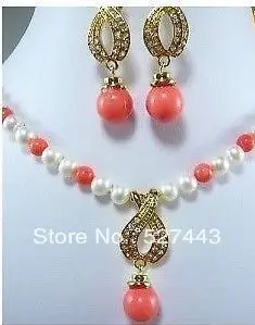 

Wholesale pretty White Pearl Pink Coral Necklace Earring Set new