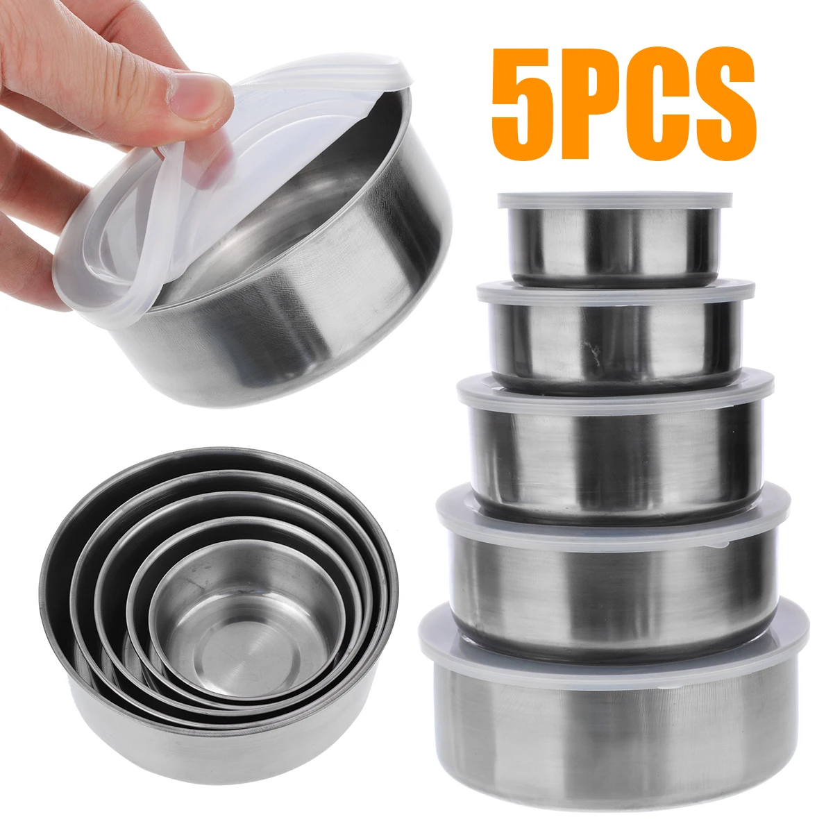 5pcs/set Stainless Steel Mixing Bowl Set Crisper Food Salad Container 5 Bowls with 5 Lids For Kitchen Cooking Tool