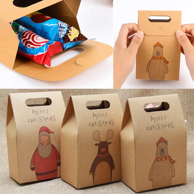 2pcs/5Pcs/10pcs  2018 Christmas Paper Bag Box Xmas Party Holiday Cookies Candy Present Bag