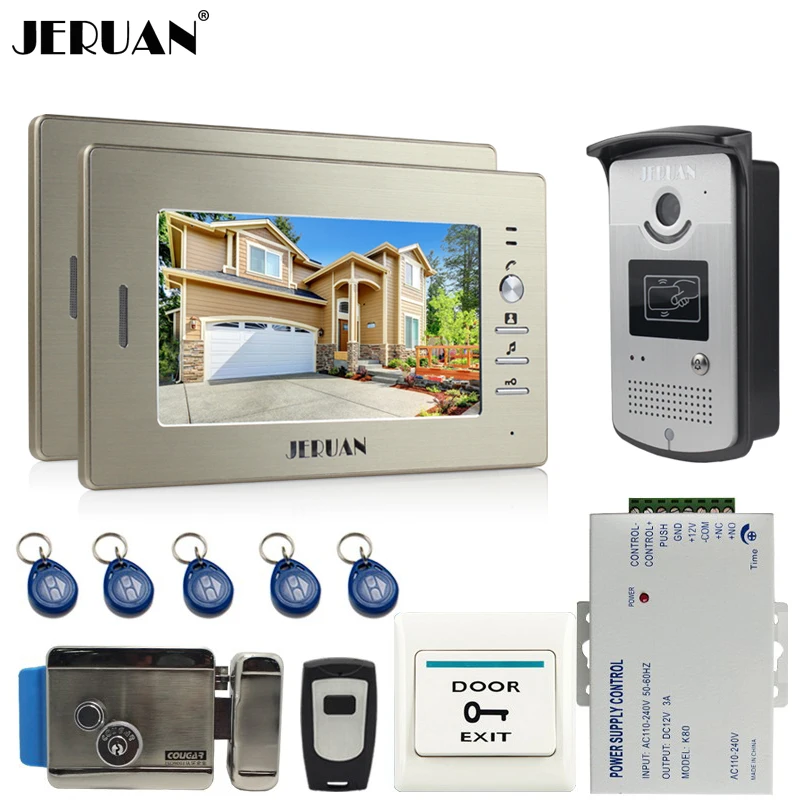 JERUAN Brand New 7 inch LCD Screen Video DoorPhone Intercom System 2 Monitors + 700TVL RFID Access Camera for 2 house
