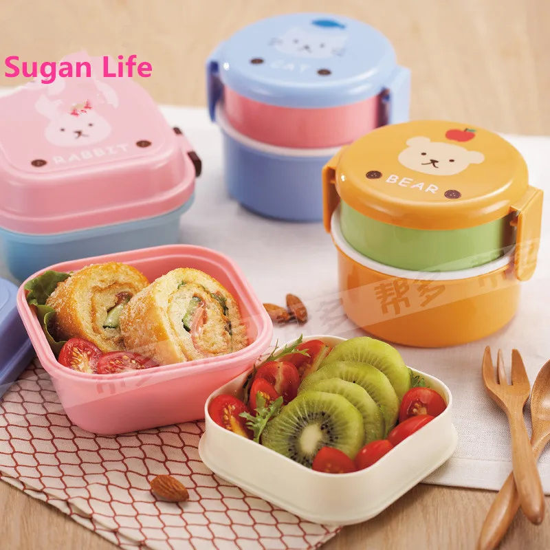 

Sugan Life 2019 NEW Cute animal Japanese double-layer round Mini Children's lunch box Microwave Box plastic lunch box