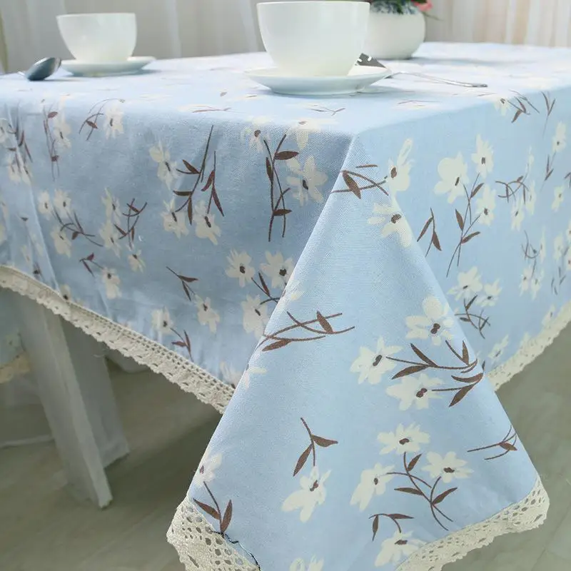 

Retro Blue Pink Table Cloth High Quality Rectangular Floral Table Cover Lace Edge Dining Tablecloth Cover Wedding Home Decor