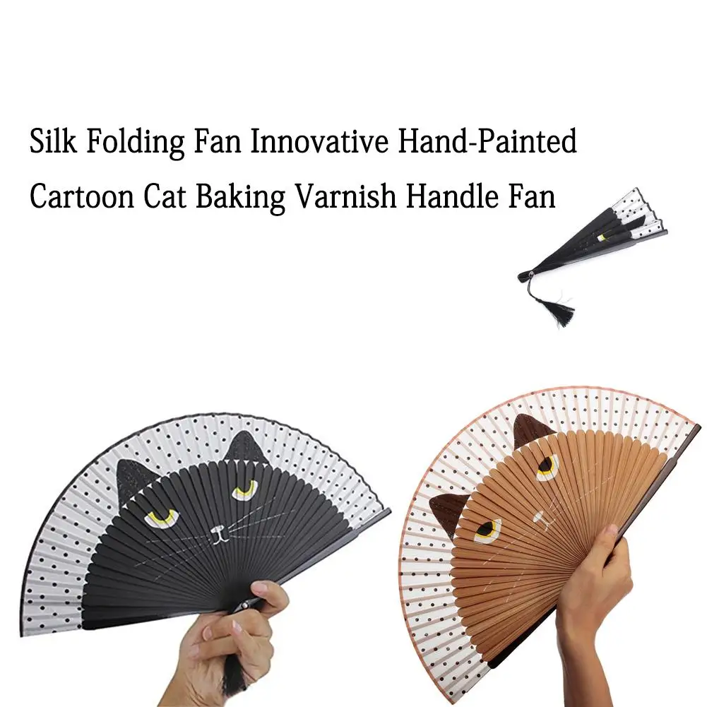 Summer Silk Bamboo Folding Fan Hand Held Flower Cartoon Cat Baking Varnish Handle Fan Pocket Gifts Wedding Party Supplies