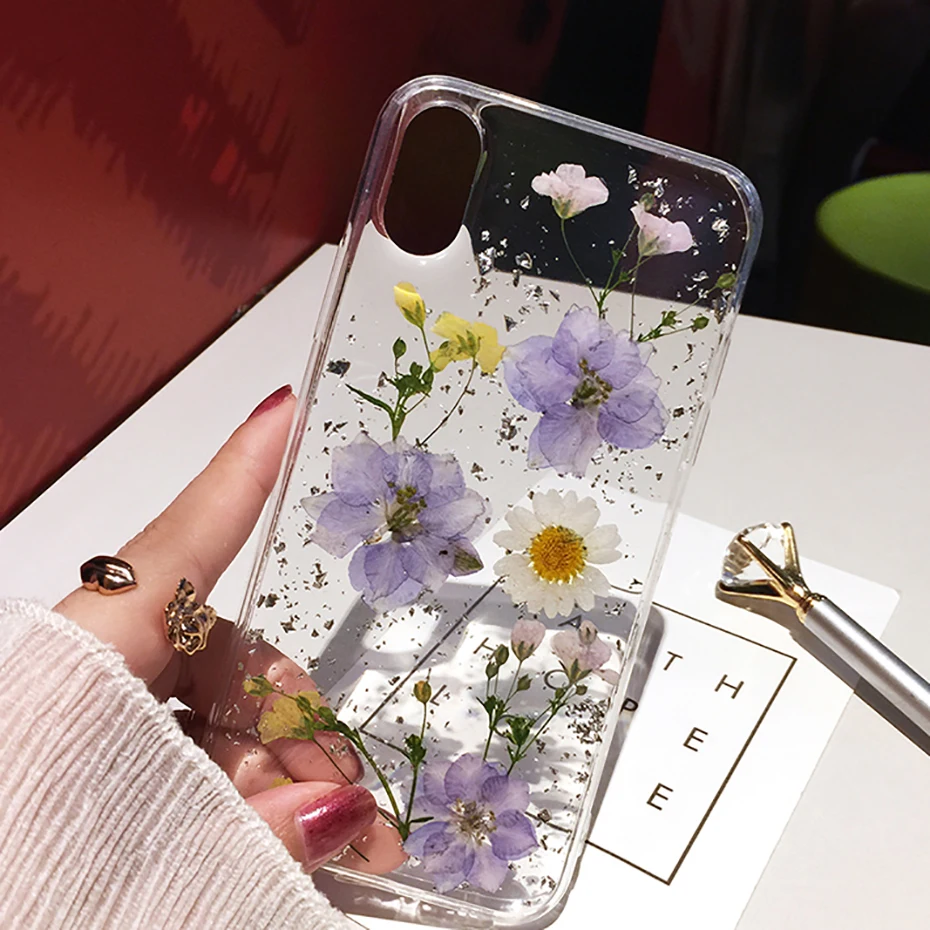 Qianliyao Gedroogde Bloem Zilver Folie Clear Telefoon Gevallen Voor Iphone 12 11 Pro Max Xs Max Xr X 6 6S 7 8 Plus Se Soft Silicone Cover|Passende hoesjes|   - AliExpress