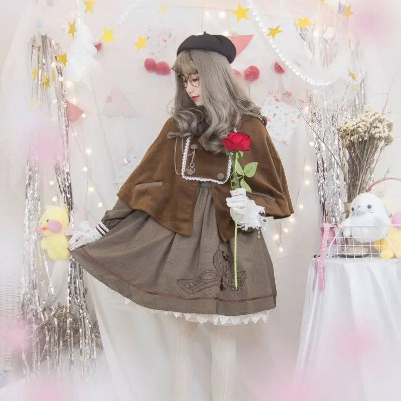

Free shipping 2019 Japanese Cat Detective British Fengzi Embroidered Cloak Dress Lolita Dress Suit for Autumn and Winter