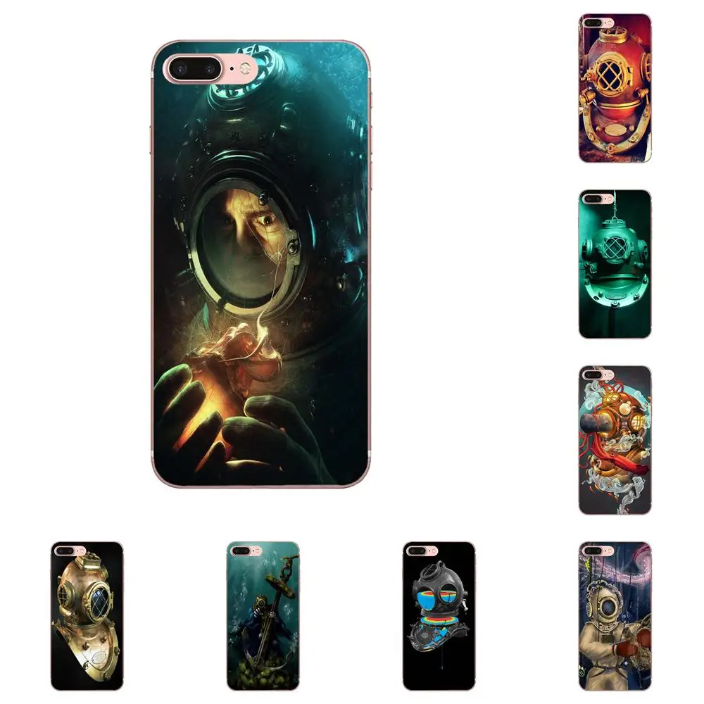 

For Apple iPhone X XS Max XR 4 4S 5 5C 5S SE 6 6S 7 8 Plus Soft Mobile Cases Covers Scuba Diving Helmet Underwater Mask