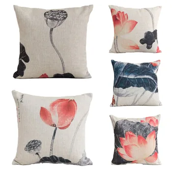 

Chinese Ink Flower Throw Pillow Case Cotton Linen Lotus Floral Printed Pillowcase for Living Room Hotel Office Cushion