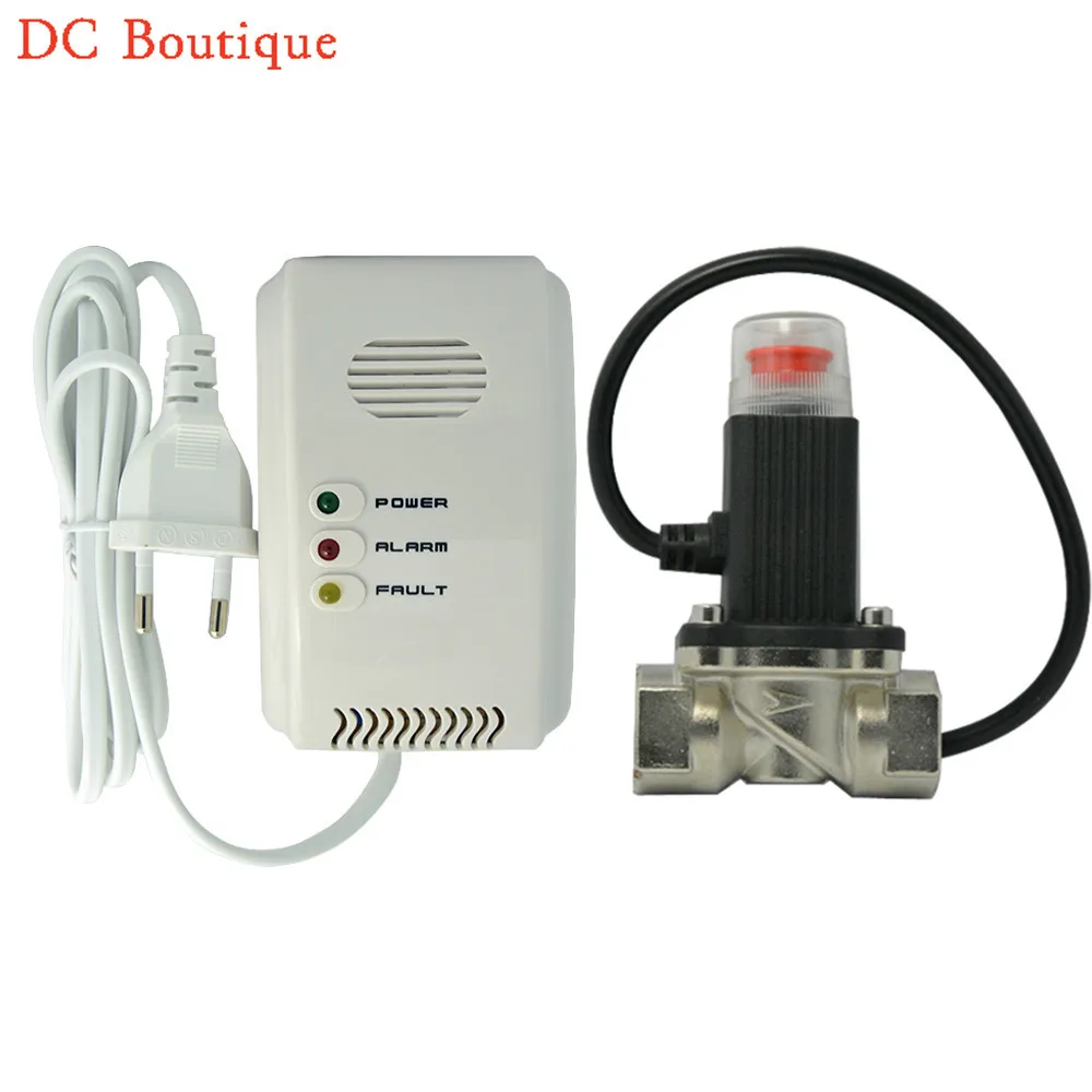 

(1 set) Home security Coal Gas natural gas LPG Leak Sensor with Valve Cut off piping Europe adapter Fire alarm gas sensor