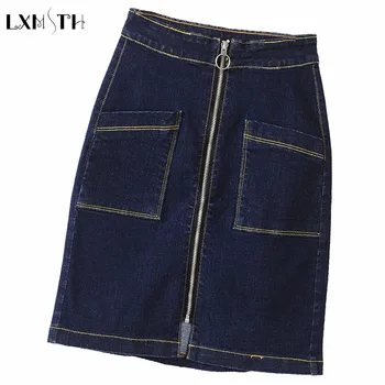 

LXMSTH 6XL 7XL 8XL Casual Denim Skirt Women Summer Stretch Slim High Waist jeans Skirts Pocket Zipper Denim Pencil Skirts 2019