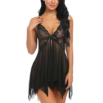 

Porno Sexy Lingerie Women Lace Black Sleepwear Transparent Babydolls G-String Underwear Dress Nightwear Erotic Set