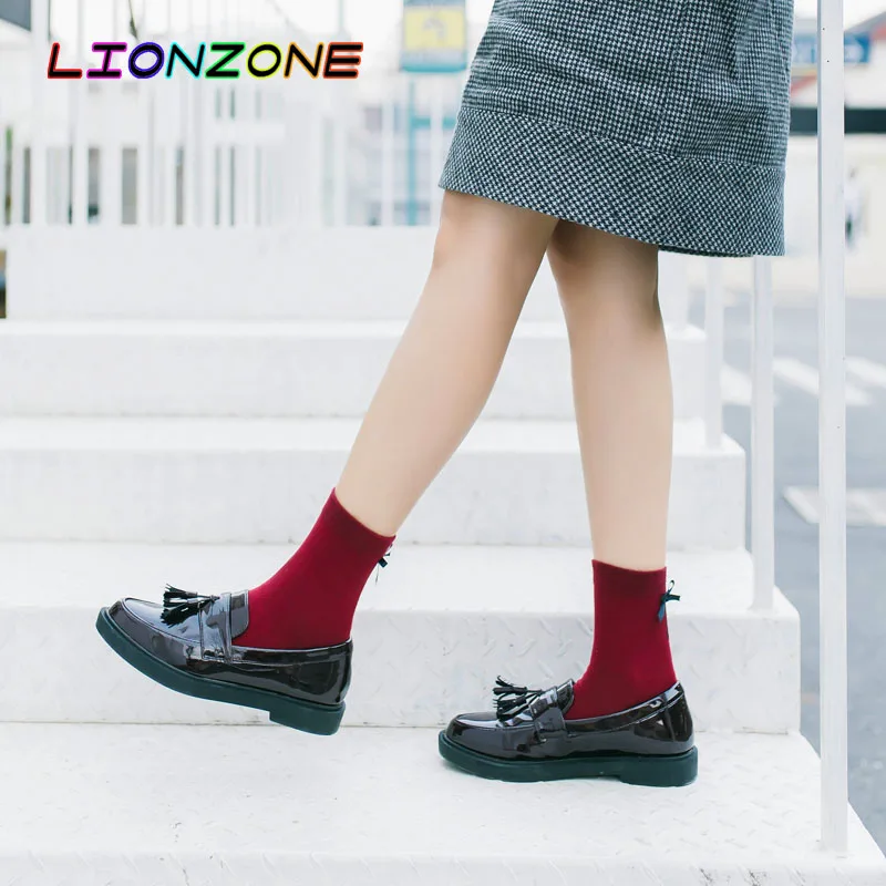 

LIONZONE Japanese Style Sweet Heel Strap Bow Socks Lovely Solid Color Pile Socks Hosiery Chaussette Haute meias Korean Fashion