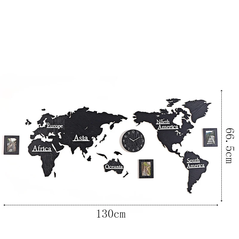 Креативная карта мира настенные часы настенные наклейки с фоторамкой большие деревянные настенные часы современный Европейский круглый немой relogio de parede - Цвет: black with black