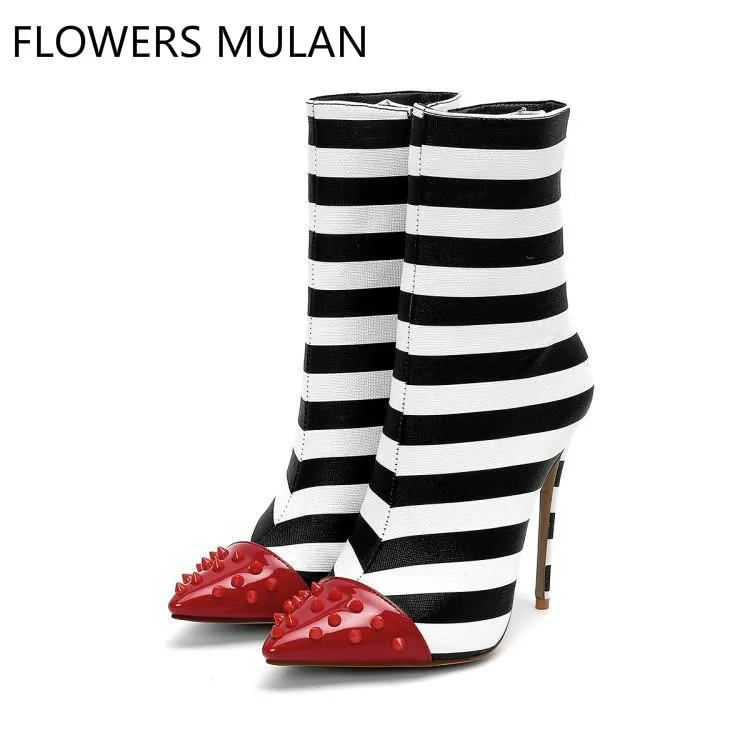 

Red Rivets Pointed Toe Black White Striped Leather Ankle Boots for Women Pointed Toe High Heels Bottes Femmes New Designers 2019