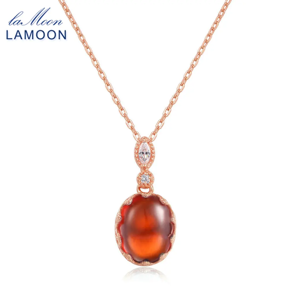 

LAMOON 2018 New Oval Garnet Natural Gemstone Pendant Necklace 925 Sterling Silver Rose Gold Color Jewelry Women Wedding LMNI022