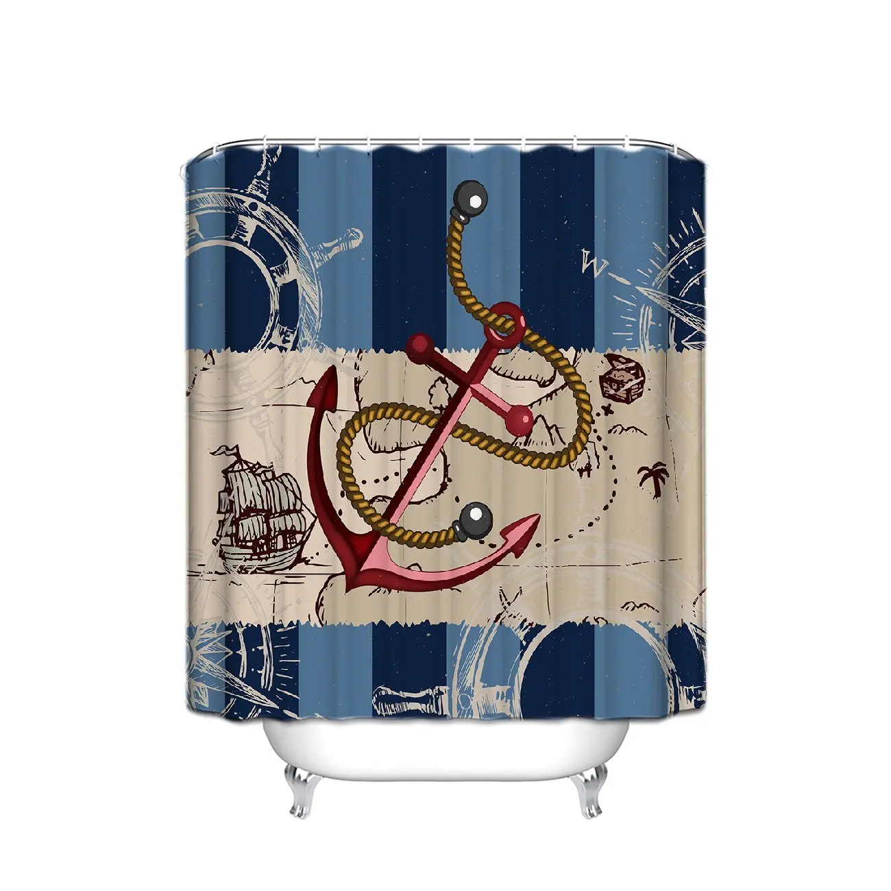 Nautical Stripes Anchor Polyester Fabric Home Textile Bathroom Shower