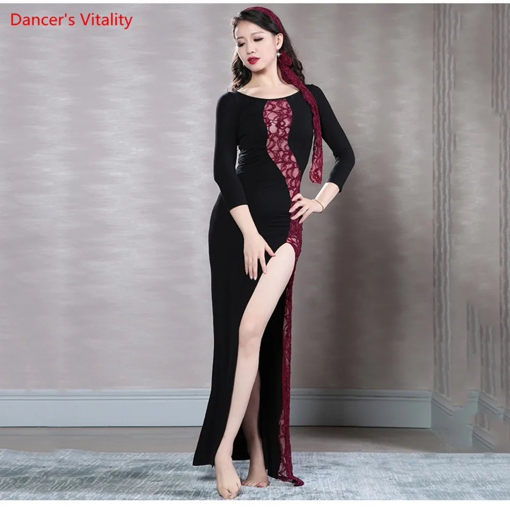 Оптовый танец живота одежда сексуальное кружево+ модальное платье танец живота платье для женщин латинский танец платье с высоким разрезом