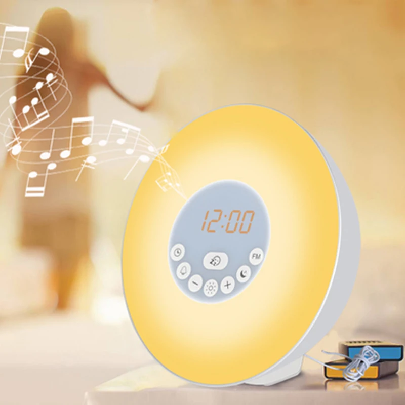 

Digital Clock with FM Radio Wake Up Light Alarm Clock Sunrise Sunset 7 Color Light 6 Nature Sound Snooze Function Touch Control