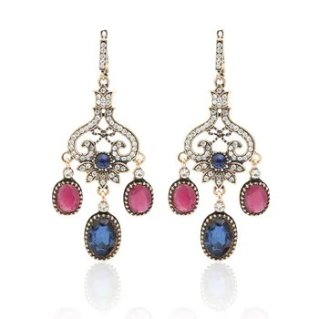 Vintage Turkish Women Hollow Flower Long Drop Earring Big Round Resin Pendant Hook Jewelry Earrings Antique Gold Color Arabia