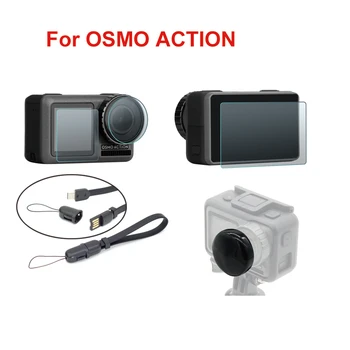

4 IN 1 Kit 3pcs tempered glass+Silicone Lens Cap+lanyard charging cable for DJI OSMO Action camera lens screen protector film