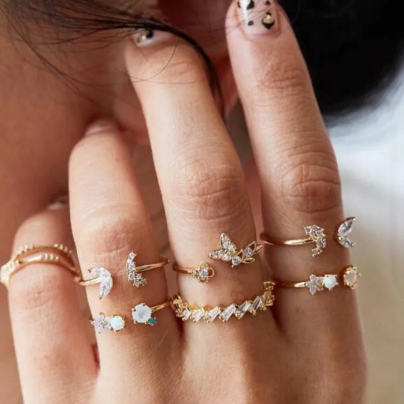 

7Pcs/set Bohemia Retro Crystal Ball Simple Hollow Punk Personality Knuck Open Ring Women Wedding Anniversary Gift