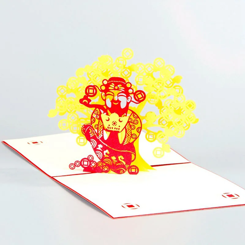  3D Laser Cut Handmade Chinese God of Wealth Paper Invitation Greeting Cards PostCard Festival Bless - 32795147038