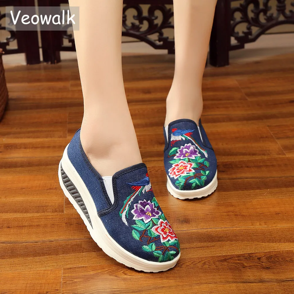 Veowalk Women Canvas Embroidered Slip-on Flat Platform Shoes Thick Bottoms Breathable Ladies Denim Cotton Fabric Loafer Sneakers