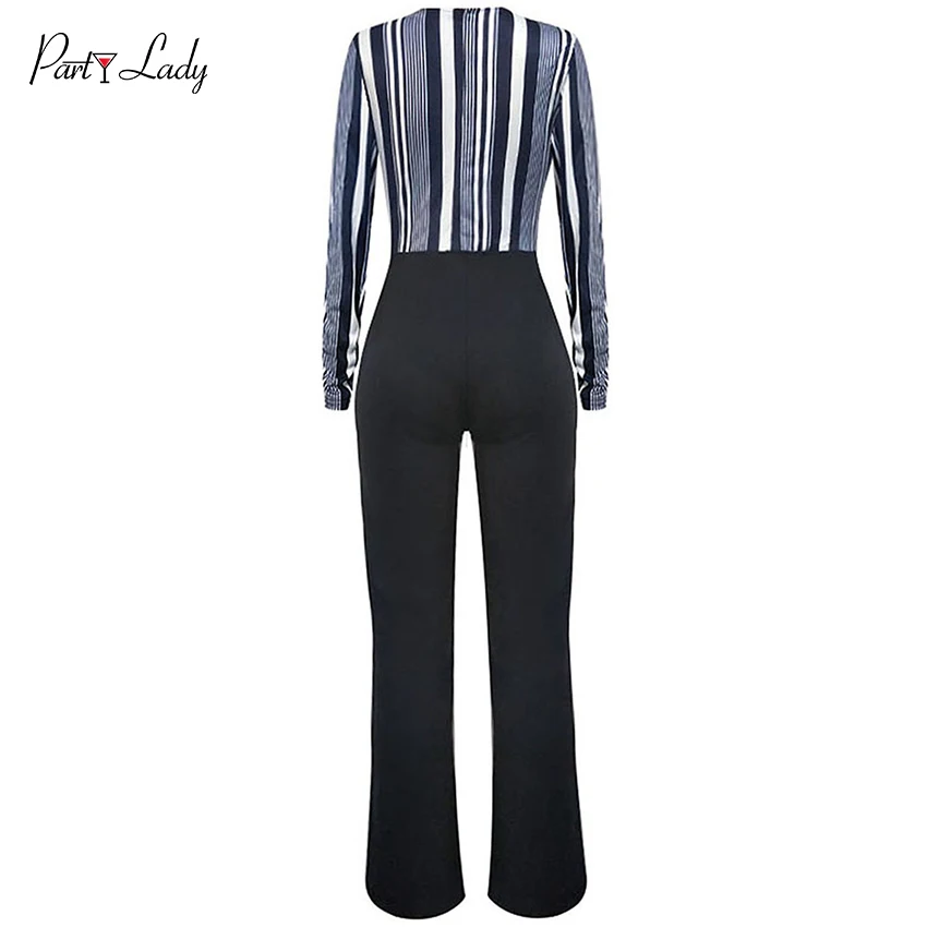 Party Lady Sexy Striped Jumpsuits For Women 2018 Deep V-neck Patchwork Full Sleeve Club Rompers Womens Jumpsuit Mix Color -C