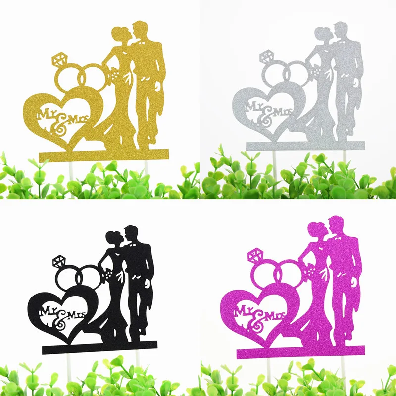 1pc Mr & Mrs Wedding Cake Topper Love Heart Diamond Cake Flags Bride Groom Wedding Party Cake Baking Decor Engagement Cake Flags