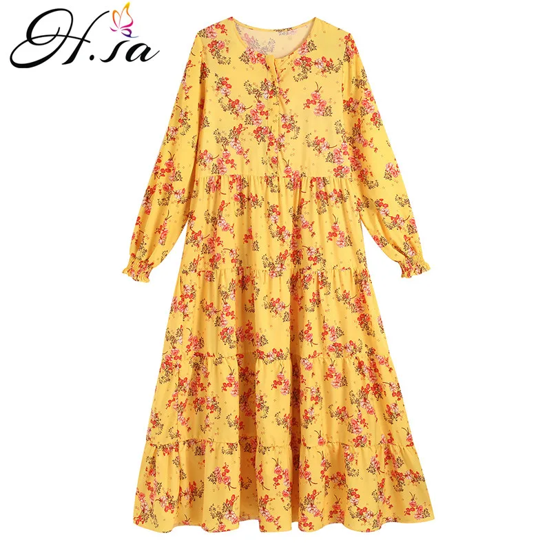 

H.SA Summer Dress 2019 Women High Waist Yellow Vestidos Floral Print Ankle Length Robe Dress Long Maxi Beach Style Dress